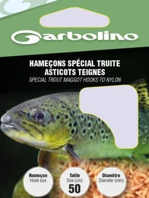 Autentický Garbolino Trout Maggot Hooks To Nylon 6 lopatkový, s protihrotem monofilní předvázaný háček 10ks